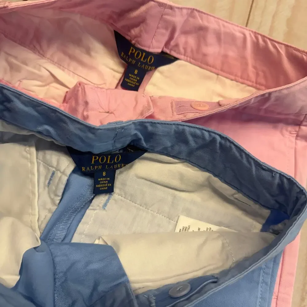 Lot of 2 Polo Ralph Lauren Boys Size 8 Chino Flat Front Pants Pink Blue Pastel